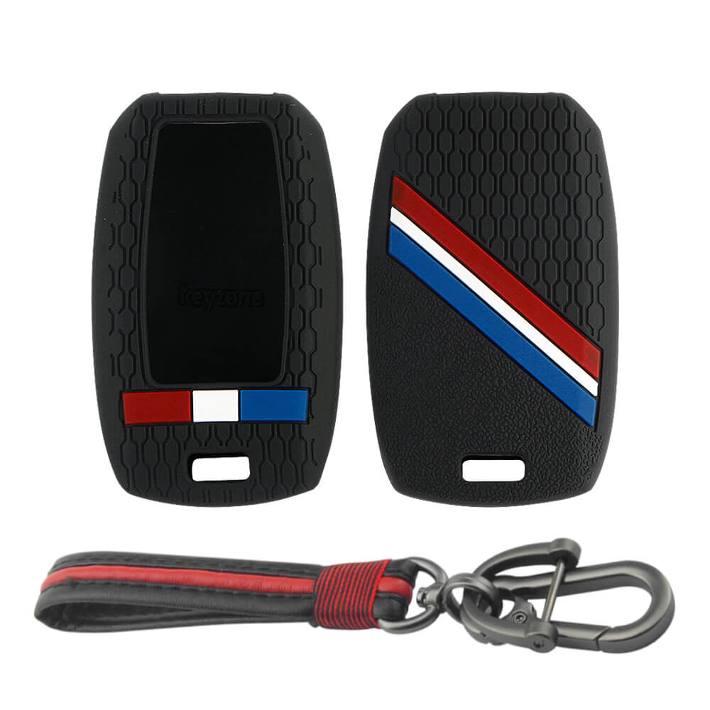 Keyzone striped key cover and keychain fit for : Seltos, Sonet, Carnival, Carens 3/4/5 button smart key (KZS-19, Full Leather Keyholder) - Keyzone
