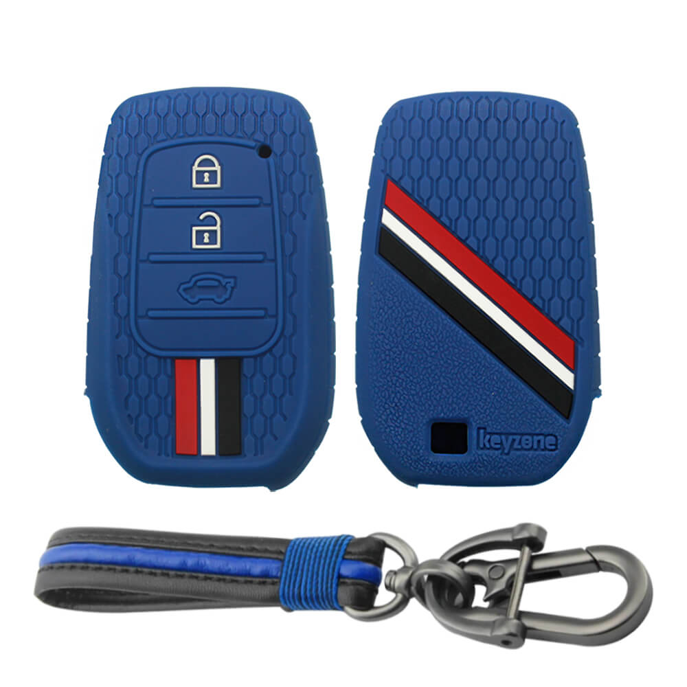 Keyzone striped key cover and keychain fit for : Invicto, Innova Crysta, Innova HyCross, Fortuner, Hilux, Fortuner Legender 2/3 button smart key (KZS-20, Full Learther Keychain) - Keyzone