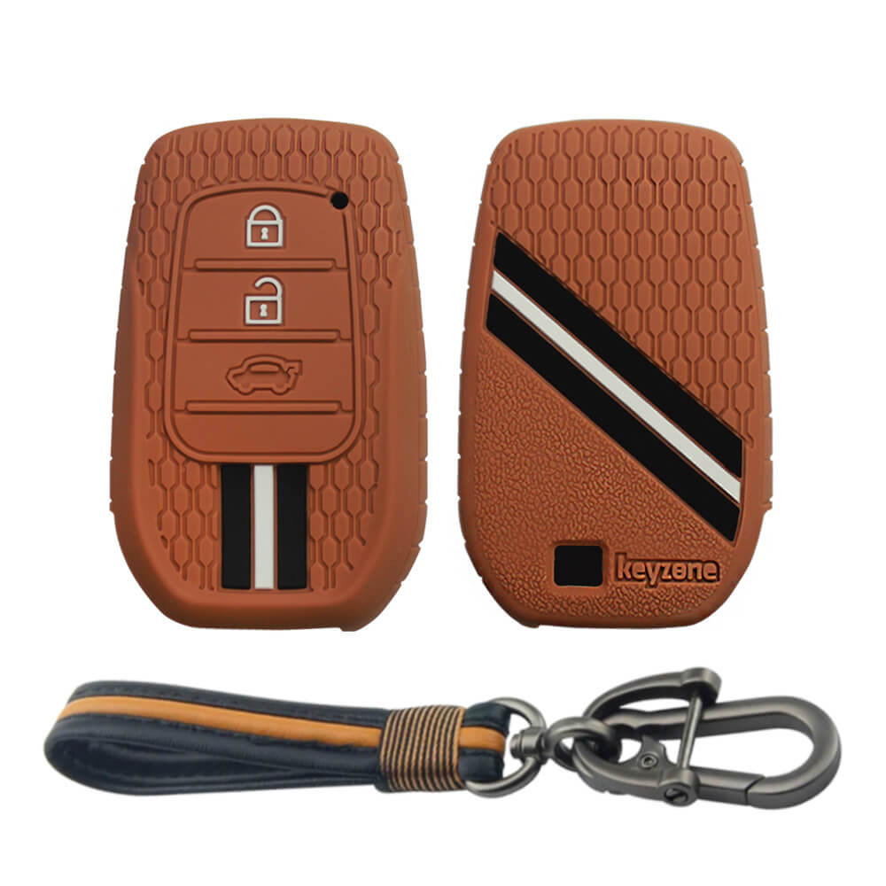 Keyzone striped key cover and keychain fit for : Invicto, Innova Crysta, Innova HyCross, Fortuner, Hilux, Fortuner Legender 2/3 button smart key (KZS-20, Full Learther Keychain)