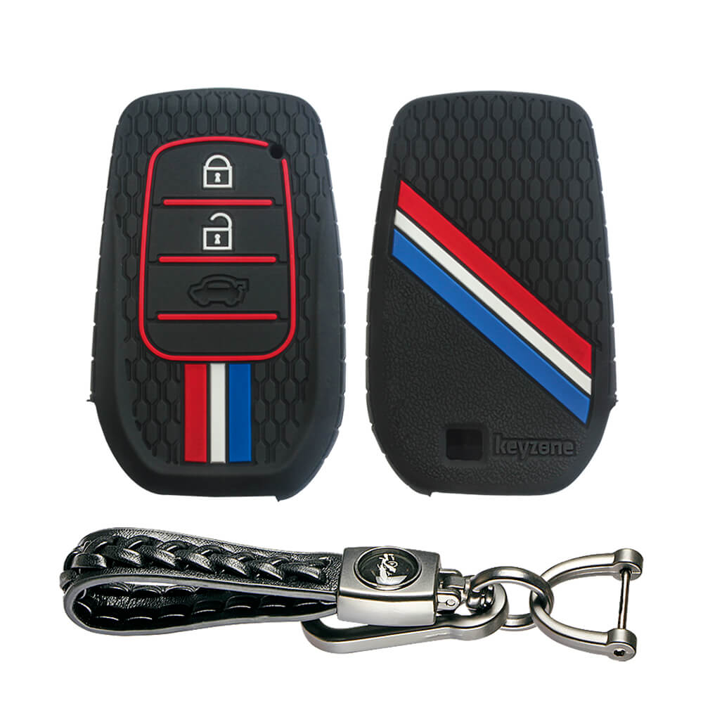 Keyzone striped key cover and keychain fit for : Invicto, Innova Crysta, Innova HyCross, Fortuner, Hilux, Fortuner Legender 2/3 button smart key (KZS-20, Learther Woven Keychain) - Keyzone