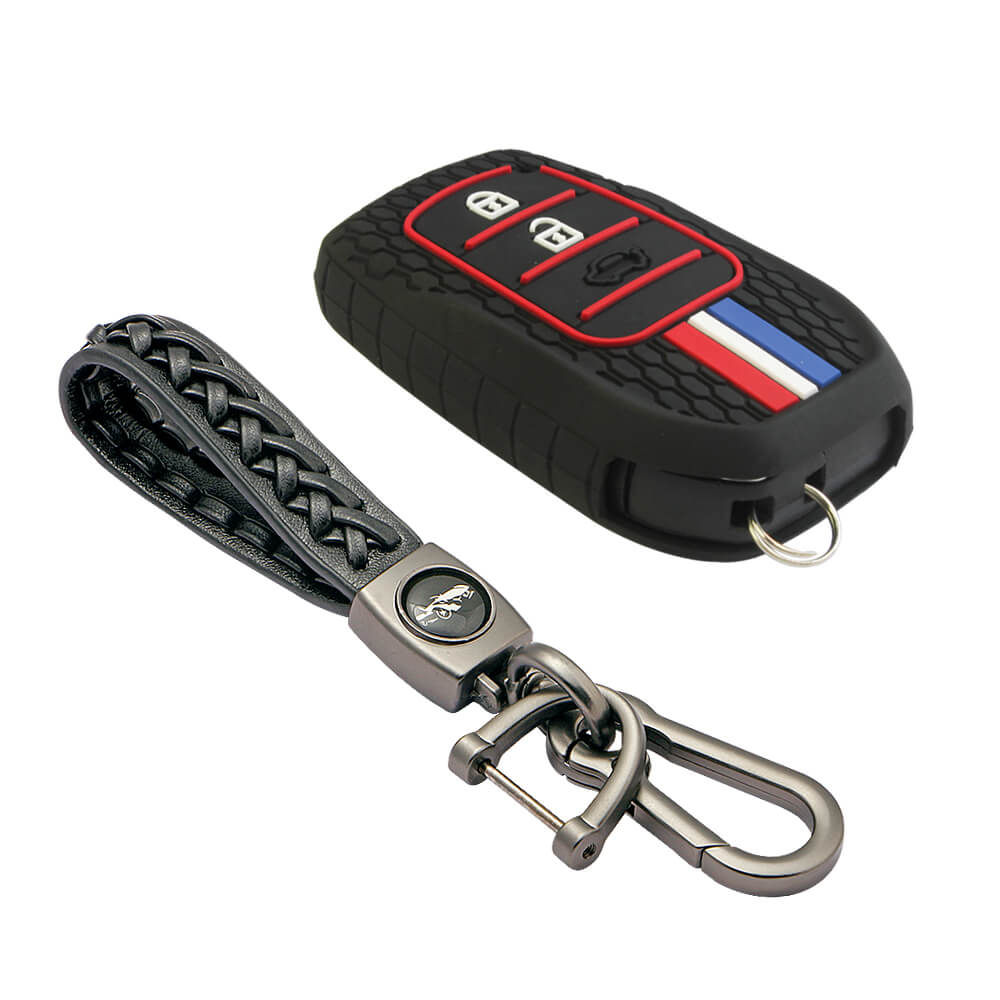Keyzone striped key cover and keychain fit for : Invicto, Innova Crysta, Innova HyCross, Fortuner, Hilux, Fortuner Legender 2/3 button smart key (KZS-20, Learther Woven Keychain) - Keyzone