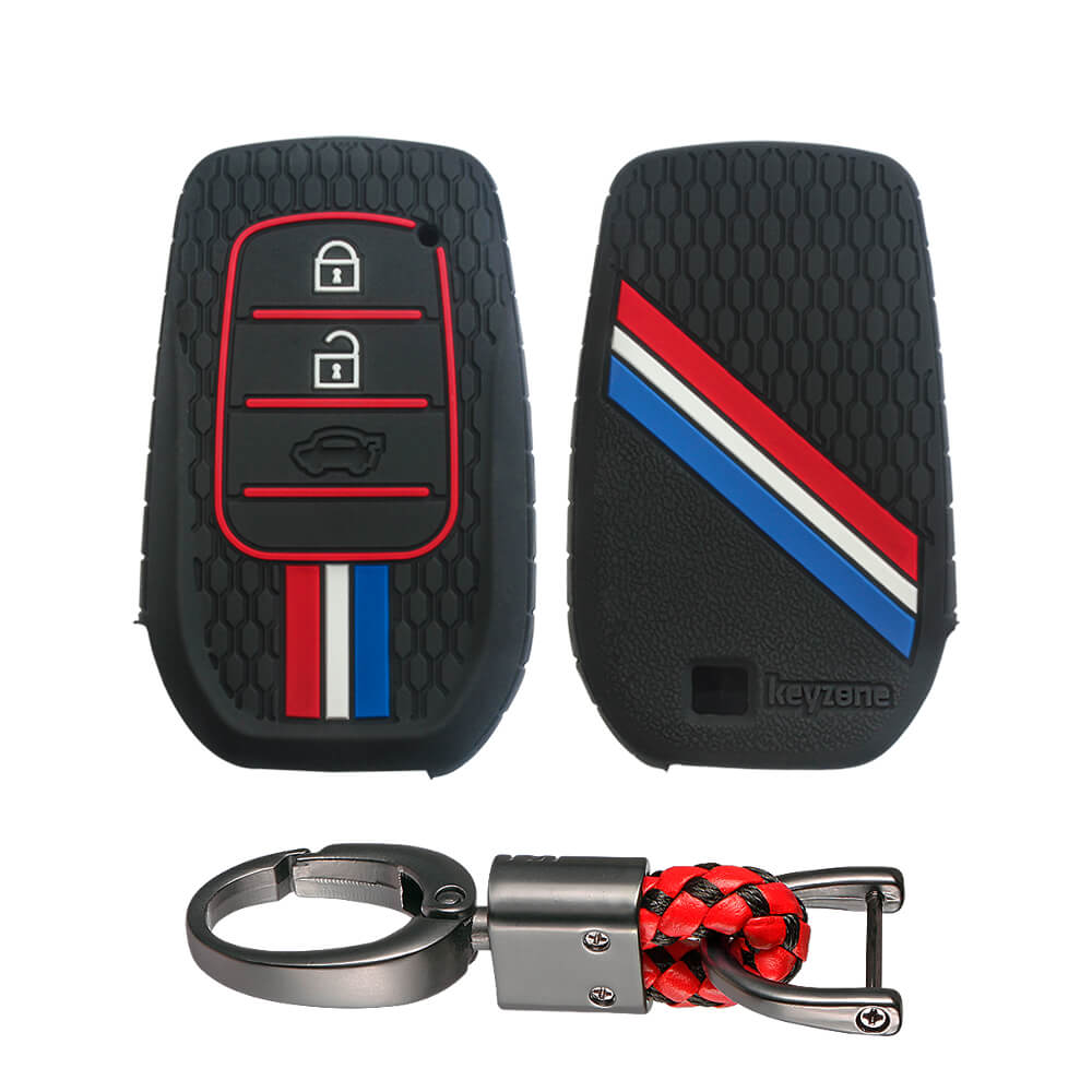 Keyzone striped key cover and keychain fit for: Invicto, Innova Crysta, Innova HyCross, Fortuner, Hilux, Fortuner Legender 2/3 button smart key (KZS-20, Alloy Keychain)