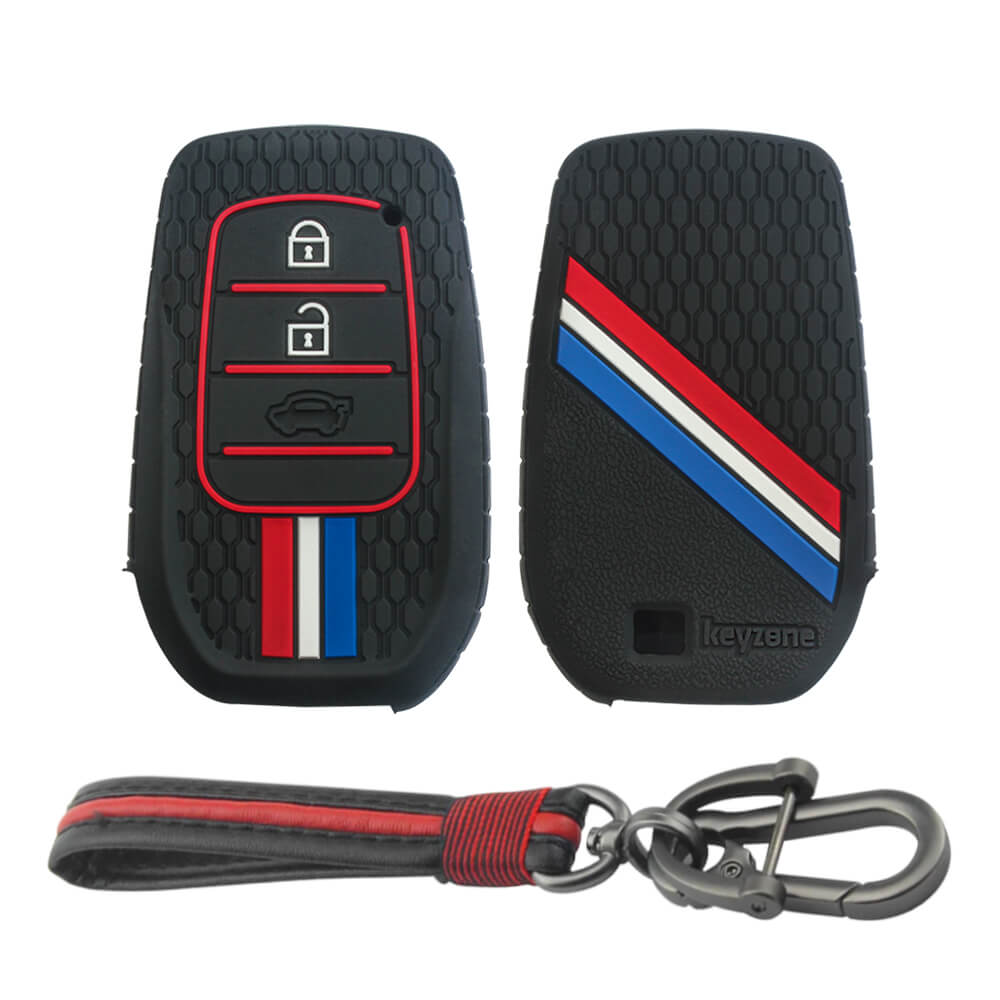 Keyzone striped key cover and keychain fit for : Invicto, Innova Crysta, Innova HyCross, Fortuner, Hilux, Fortuner Legender 2/3 button smart key (KZS-20, Full Learther Keychain) - Keyzone