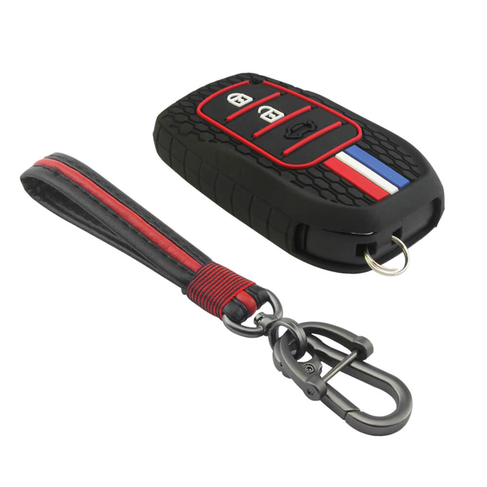 Keyzone striped key cover and keychain fit for : Invicto, Innova Crysta, Innova HyCross, Fortuner, Hilux, Fortuner Legender 2/3 button smart key (KZS-20, Full Learther Keychain) - Keyzone