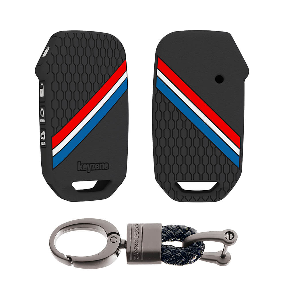 Keyzone striped silicone key cover & keychain for Kia Carens Clavis, Seltos, Sonet 2023 onwards 4 button smart key (KZS-21, Alloy Keychain)