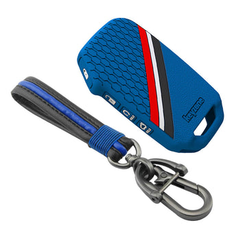 Keyzone striped silicone key cover & keychain for Kia Carens Clavis, Seltos, Sonet 2023 onwards 4 button smart key (KZS-21, Full Leather Keychain)