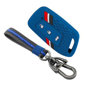 Keyzone striped silicone key cover & keychain for MG Hector, Windsor EV 3 button smart key (KZS-24, Full Leather Keychain)