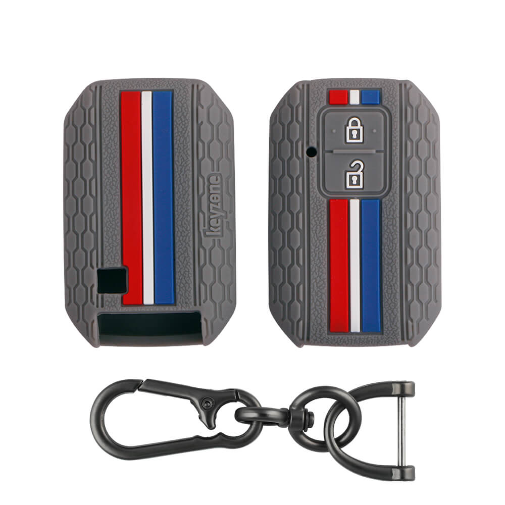 Keyzone striped key cover and keychain fit for : Glanza, Urban Cruiser Hyryder, Rumion 2 button smart key (KZS-01, Zinc Alloy) - Keyzone