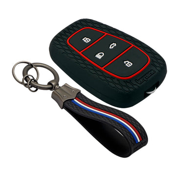 Keyzone striped key cover and keychain fit for : Tata Nexon, Altroz, Harrier, Tigor Bs6, Safari Gold, Punch, Tigor Ev, Safari 2021 4 button smart key (KZS-02, KZS-Keychain)
