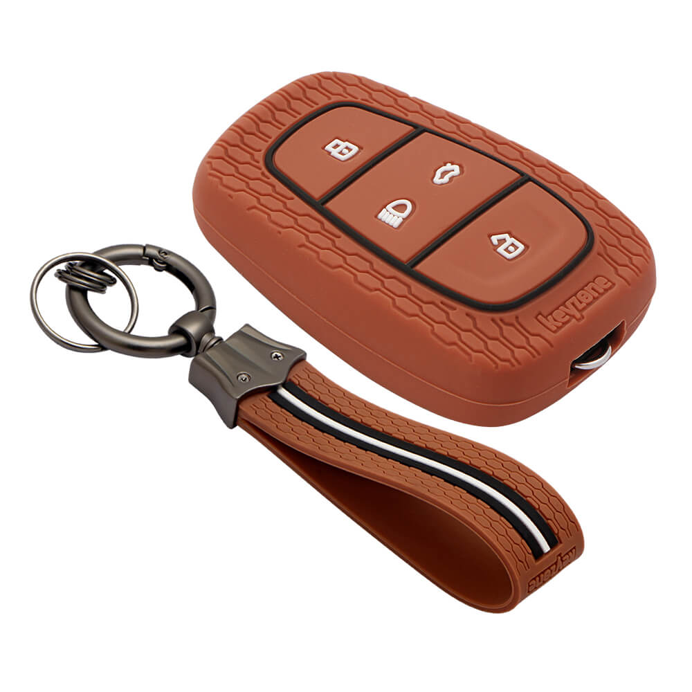 Keyzone striped key cover and keychain fit for : Tata Nexon, Altroz, Harrier, Tigor Bs6, Safari Gold, Punch, Tigor Ev, Safari 2021 4 button smart key (KZS-02, KZS-Keychain) - Keyzone