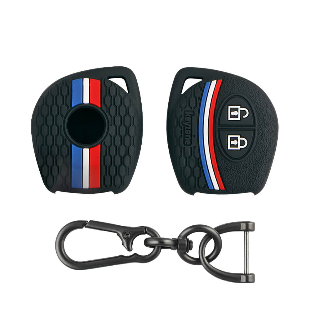 Keyzone striped key cover & keychain for: Fronx, Jimny, Swift, Dzire, XL6, Ignis, Grand Vitara, Brezza, Wagonr, Vitara Brezza, Celerio, Ertiga, Ciaz, Scross, Baleno, Alto, SPresso, Glanza, Urban Cruiser, Hyryder 2b remote key (KZS-04, Zinc Alloy) - Keyzone