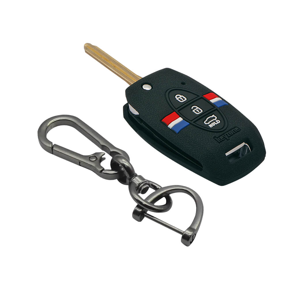 Keyzone striped key cover and keychain fit for : Seltos, Sonet, Carens 3 button flip key (KZS-08, Zinc Alloy Keychain) - Keyzone
