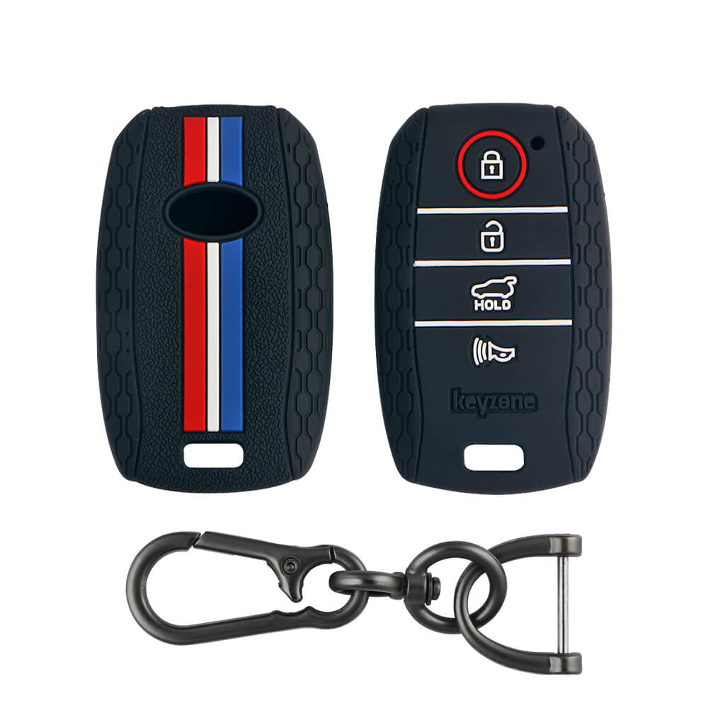 Keyzone striped key cover and keychain fit for : Seltos 4 button smart key (KZS-10, Zinc Alloy Keychain) - Keyzone