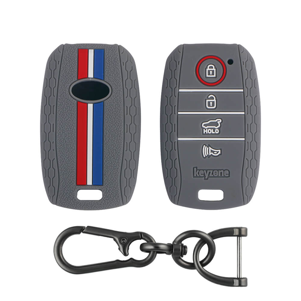 Keyzone striped key cover and keychain fit for : Seltos 4 button smart key (KZS-10, Zinc Alloy Keychain) - Keyzone