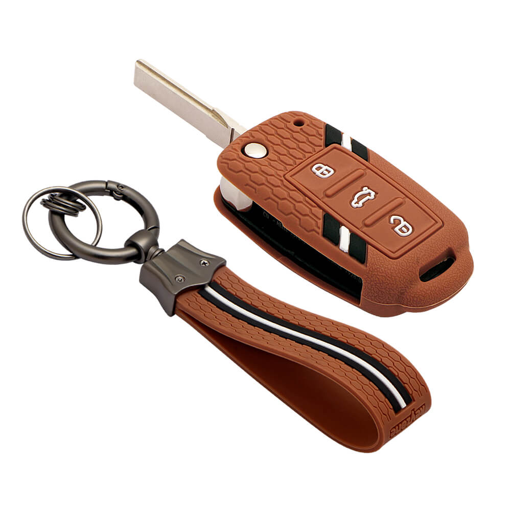 Keyzone striped key cover and keychain fit for : Polo, Vento, Jetta, Ameo 3b flip key (KZS-11, KZS-Keychain) - Keyzone