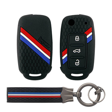 Keyzone striped key cover and keychain fit for : Octavia (Old), Fabia, Laura, Rapid, Superb, Yeti 3 button flip key (KZS-11, KZS-Keychain)