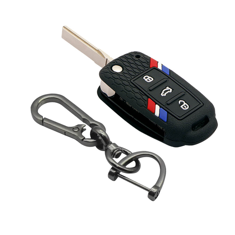 Keyzone striped key cover and keychain fit for : Polo, Vento, Jetta, Ameo 3b flip key (KZS-11, Zinc Alloy Keychain) - Keyzone