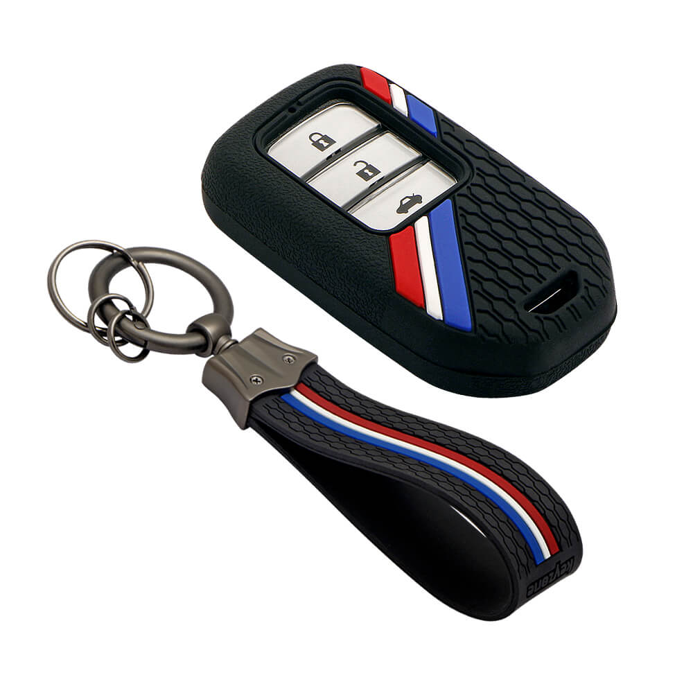 Keyzone striped key cover and keychain fit for : Honda City, Elevate, Civic, Jazz, Brio, Amaze, CR-V, WR-V, BR-V, Mobilio, Accord 2b/3b/4b/5b Smart Key (KZS-15, KZS-Keychain) - Keyzone