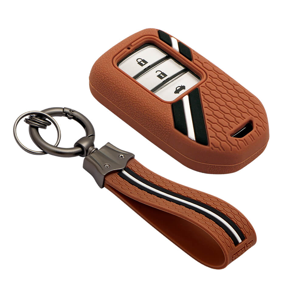 Keyzone striped key cover and keychain fit for : Honda City, Elevate, Civic, Jazz, Brio, Amaze, CR-V, WR-V, BR-V, Mobilio, Accord 2b/3b/4b/5b Smart Key (KZS-15, KZS-Keychain) - Keyzone