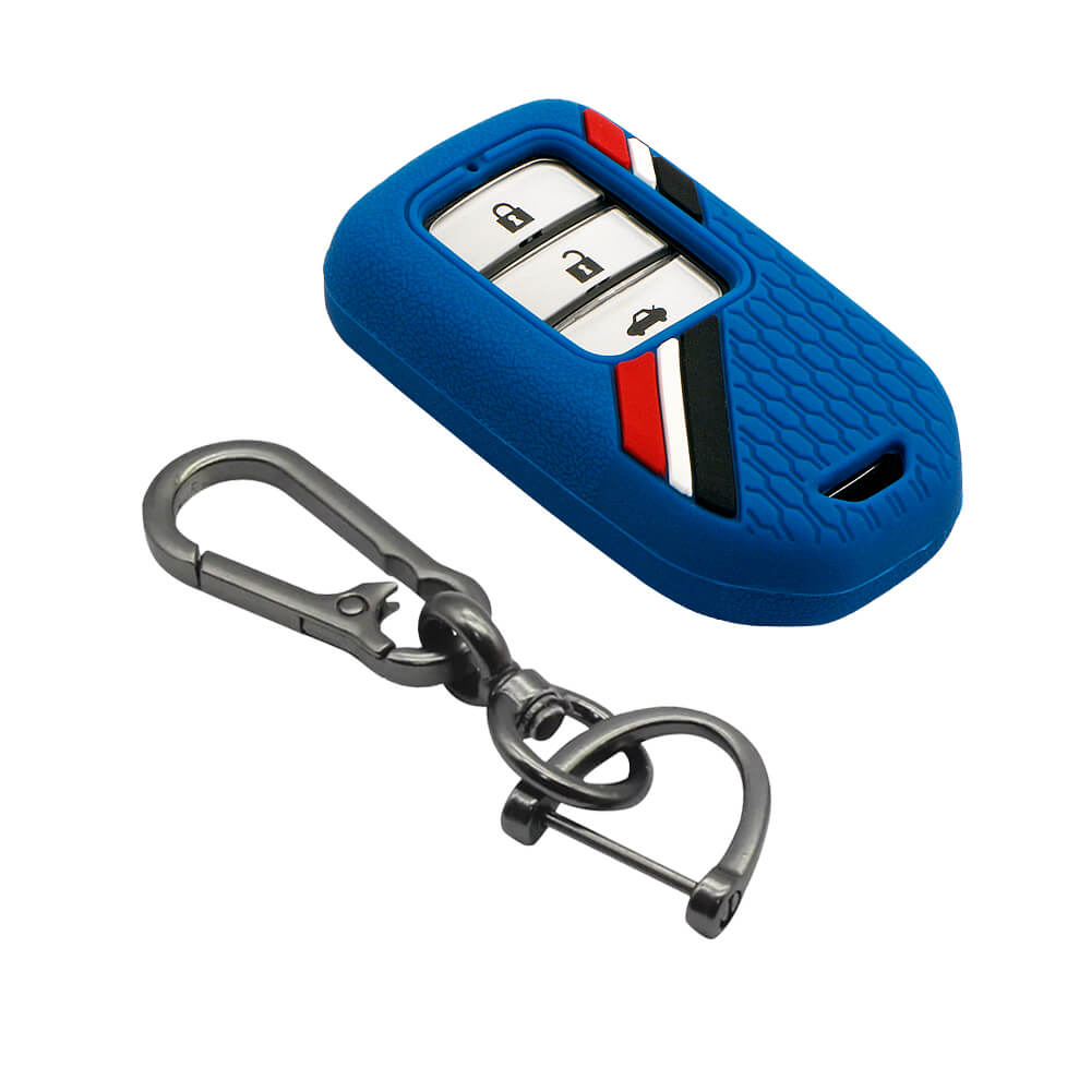 Keyzone striped key cover and keychain fit for : Honda City, Elevate, Civic, Jazz, Brio, Amaze, CR-V, WR-V, BR-V, Mobilio, Accord 2b/3b/4b/5b Smart Key (KZS-15, Zinc Alloy Keychain) - Keyzone