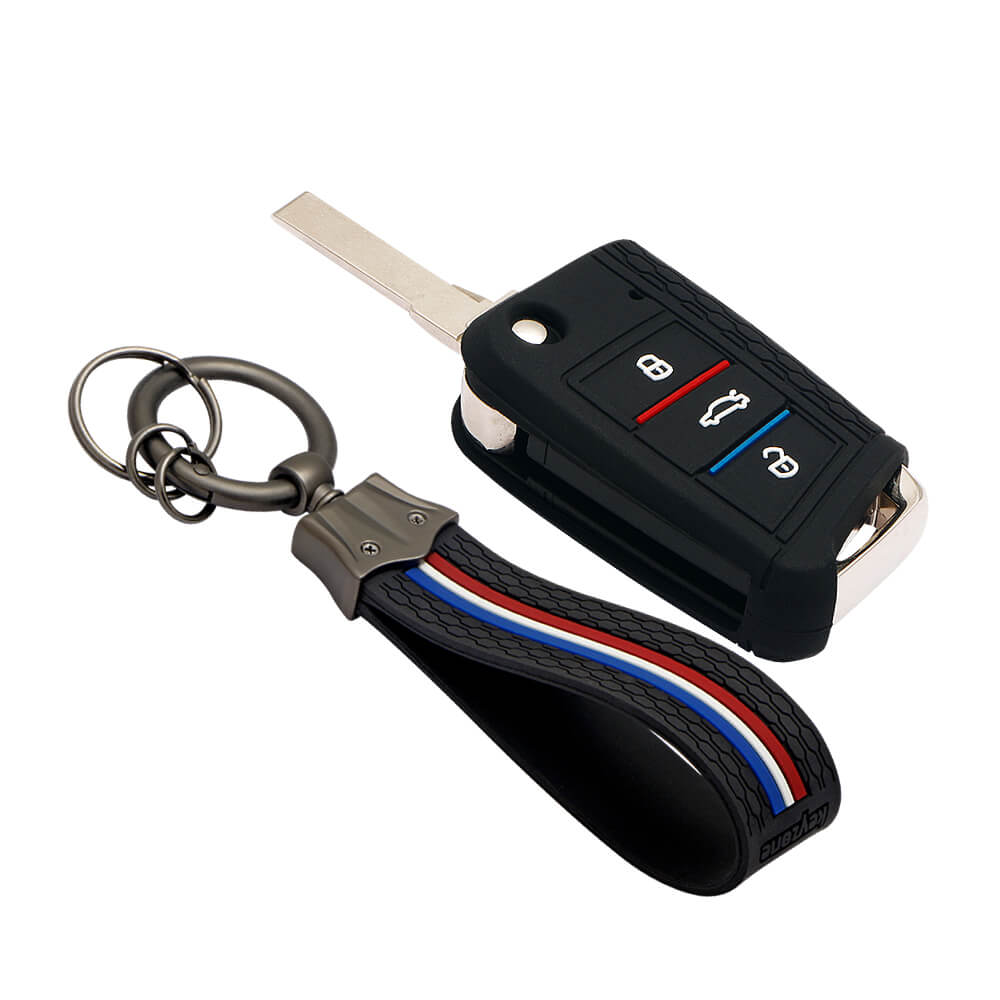 Keyzone striped key cover and keychain fit for : Virtus, Tiguan, T-roc, Taigun, New Jetta 3 button flip key (KZS-17, KZS-Keychain) - Keyzone