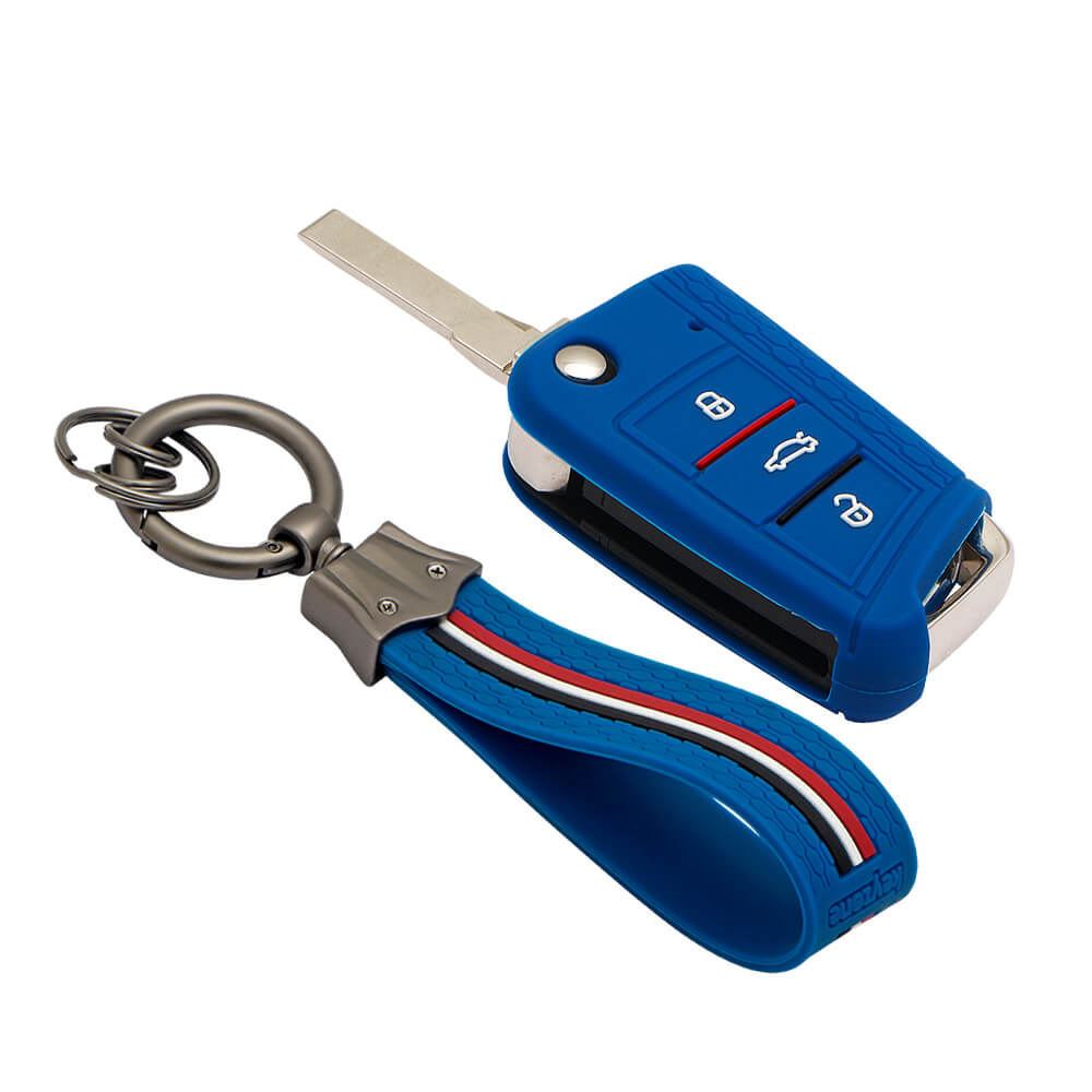 Keyzone striped key cover and keychain fit for : Virtus, Tiguan, T-roc, Taigun, New Jetta 3 button flip key (KZS-17, KZS-Keychain) - Keyzone