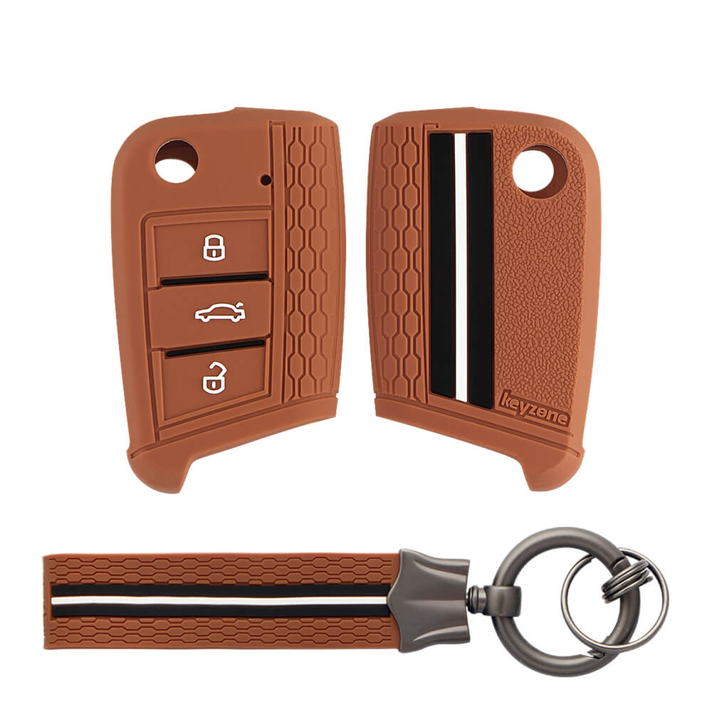 Keyzone striped key cover and keychain fit for : Karoq, Octavia, Superb, Kodiaq Slavia flip key (KZS-17, KZS-Keychain) - Keyzone