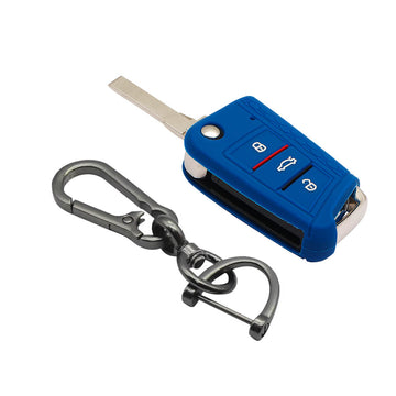 Keyzone striped key cover and keychain fit for : Virtus, Tiguan, T-roc,taigun, New Jetta 3 button flip key (KZS-17, Zinc Alloy Keychain)