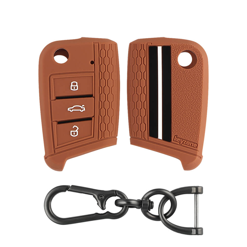 Keyzone striped key cover and keychain fit for : Virtus, Tiguan, T-roc,taigun, New Jetta 3 button flip key (KZS-17, Zinc Alloy Keychain) - Keyzone
