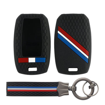 Keyzone striped key cover and keychain fit for : Seltos, Sonet, Carnival, Carens 3/4/5 button smart key (KZS-19, KZS-Keychain)
