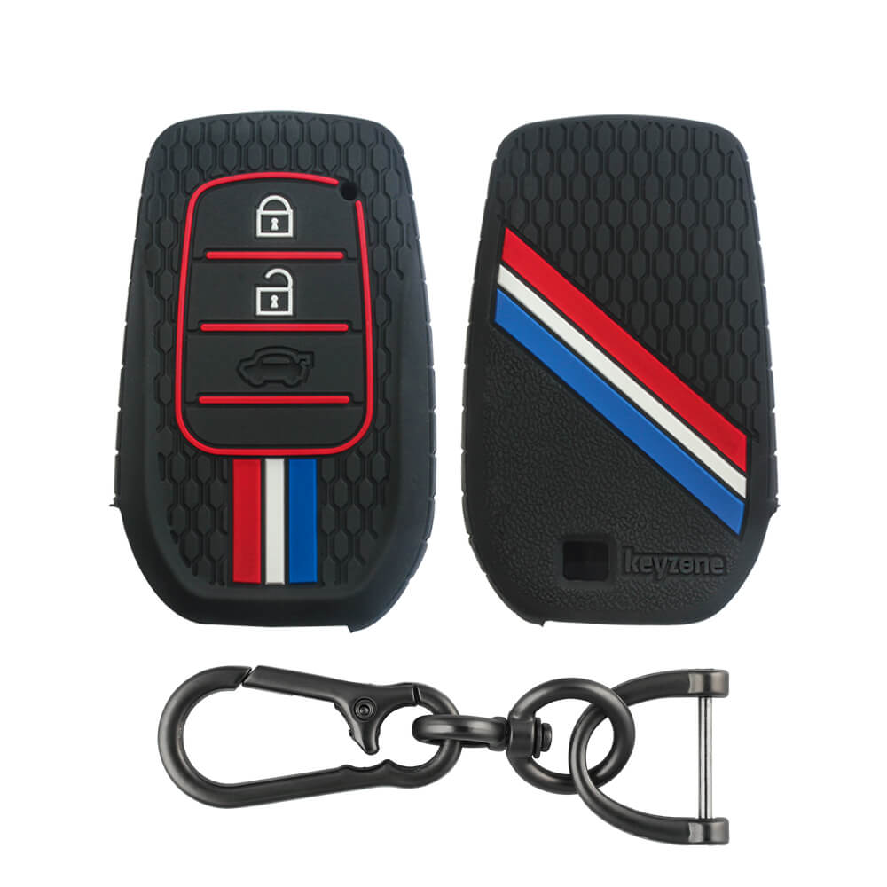 Keyzone striped key cover and keychain fit for: nvicto, IInnova Crysta, Innova HyCross, Fortuner, Hilux, Fortuner Legender 2/3 button smart key (KZS-20, ZincAlloy keychain) - Keyzone
