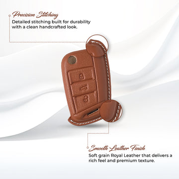 Keyzone royal leather key cover for Virtus, Kylaq, Slavia, Kodiaq, Kushaq, Taigun, Tiguan, Octavia, Jetta, Superb, Karoq, T-Roc flip key (RL44)