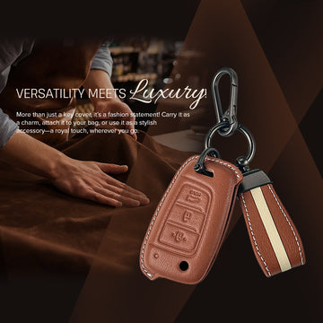 Keyzone royal leather key cover for i20, Venue, Kona, Verna 2018 onwards 3 button flip key (RL43)
