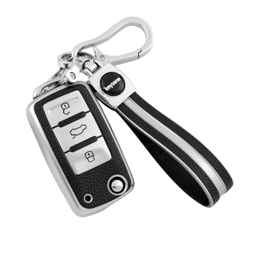 Keyzone leather TPU key cover & keychain for Polo, Vento, Jetta, Ameo 3 button flip key (LTPU13, LTPU Keychain)