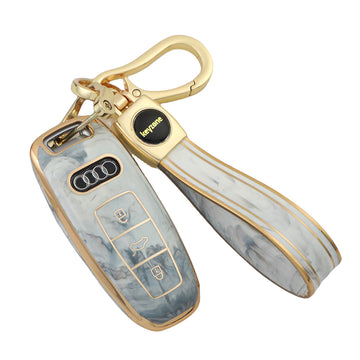 Keyzone TPU key cover & keychain fit for Audi 2018-2022 A6 A7 A8 E-Tron Q8 SQ8, 2020 2021 2022 A3 Q7 S3 S6 SQ7 RS6 S7 RS7 smart key (TP_AudiSleekSmart, TPKeychain)