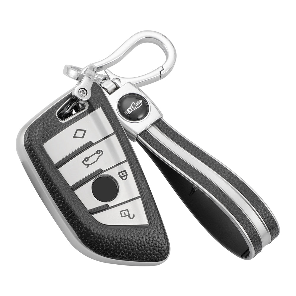 Keyzone leather TPU Key Cover & keychain For BMW : X1, X3, X6, X5, 5 Series, 6 Series, 7 Series 4 Button Smart Key (T2) (LTPU52) - Keyzone