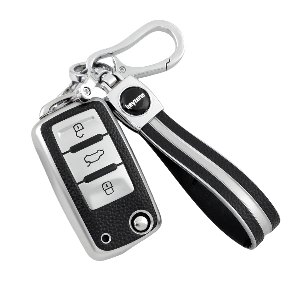 Keyzone leather TPU key cover & keychain for Octavia, Fabia, Laura, Superb, Rapid, Yeti 3 button flip key (LTPU13, LTPU Keychain) - Keyzone