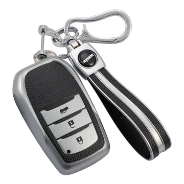 Keyzone leather TPU key cover & keychain for Innova Crysta, HyCross, Hilux, Land Cruiser, Fortuner, Legender, Invicto smart key (LTPU18_3b, LTPUKeychain)
