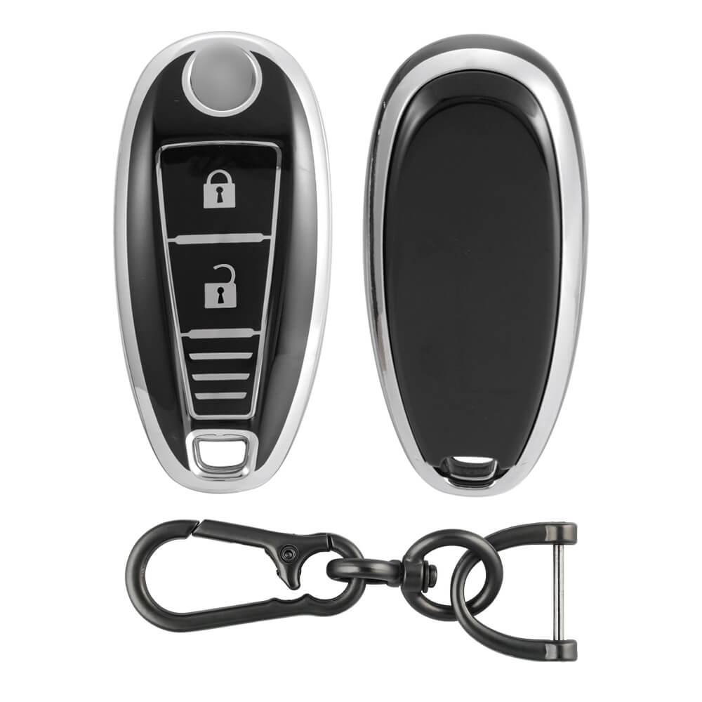 Keyzone TPU Key Cover and Keychain For Suzuki : Baleno, Ciaz, Ignis, S-Cross, Vitara Brezza 3 Button Smart Key (KZTP04_Zinc_Alloy) - Keyzone