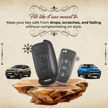Keyzone Vintage Leather Key Cover for Tata Curvv, Nexon, Harrier, Altroz, Punch, Safari, Tigor, Tiago, Zest, Bolt 3 Button flip Key (VL29)