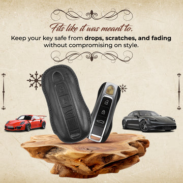 keyzone Vintage Leather Key Cover Compatible for Porsche 911, Cayenne, Panamera, Taycan 3 button smart key (VL81)