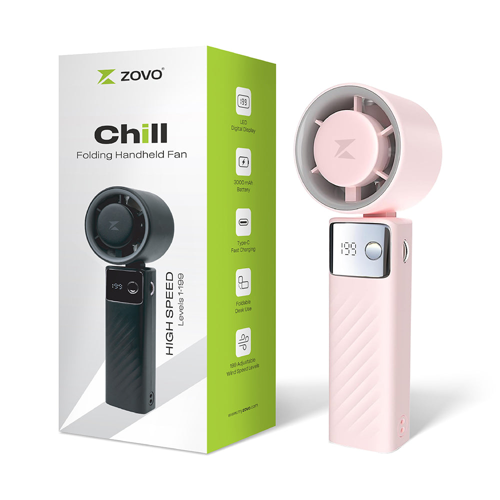 ZOVO Chill Mini Hand Fan - 10500 RPM, 3000mAh Battery, 20H Runtime, LED ...
