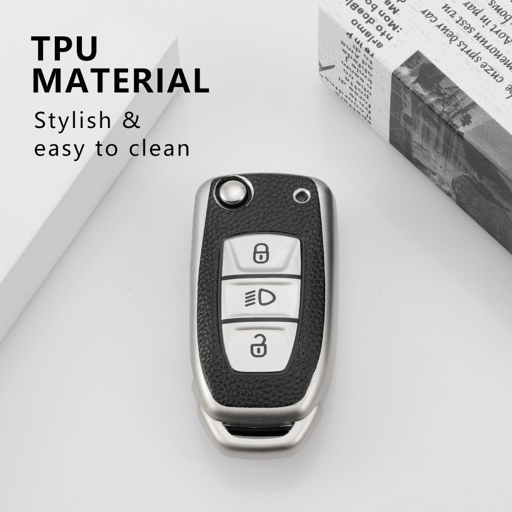 Keyzone Leather TPU Key Cover and Keychain compatible for Tata Nexon Harrier Altroz Punch Safari Tigor Tiago Zest Bolt 3 button flip key (LTPU29_LTPUKeychain) - Keyzone