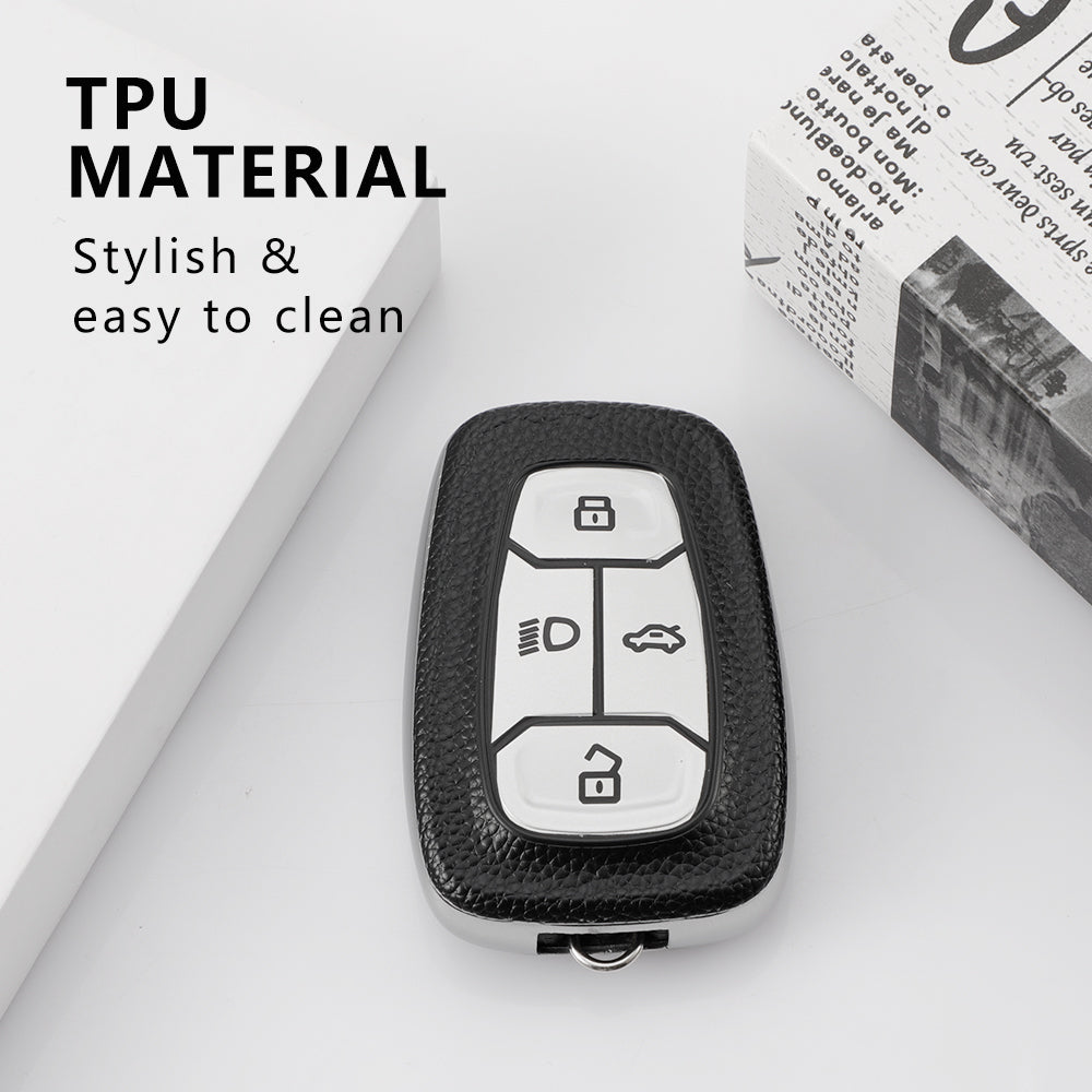 Keyzone Leather TPU Key Cover and Keychain Compatible for Tata Nexon Harrier Altroz Punch Safari Tigor Smart Key (LTPU08_LTPUKeychain) - Keyzone