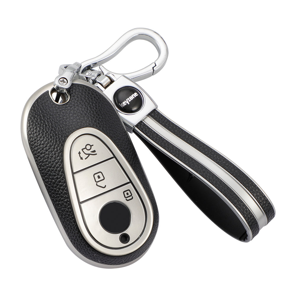 Keyzone Leather TPU Key Cover and keychain Compatible for Mercedes Benz S-Class G-Class E-Class 2022 Onwards 3 Button Smart Key (LTPU71_LTPUKeychain)