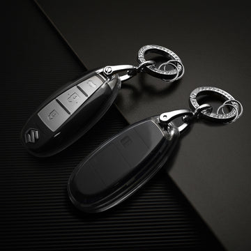 Keyzone clear TPU key cover and diamond keychain fit for Suzuki : Baleno, Ciaz, Ignis, S-Cross, Vitara Brezza 3 Button Smart Key (CLTP04+KH08)
