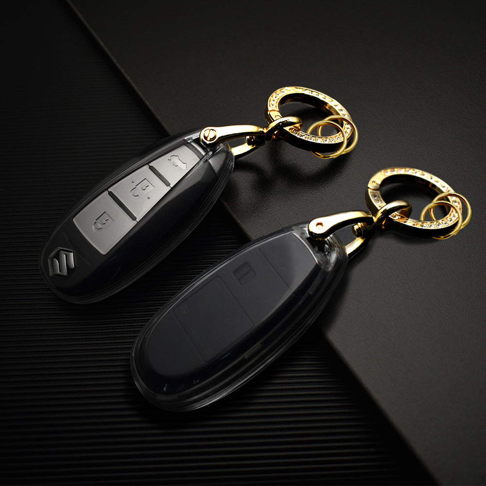 Keyzone clear TPU key cover and diamond keychain fit for Suzuki : Baleno, Ciaz, Ignis, S-Cross, Vitara Brezza 3 Button Smart Key (CLTP04+KH08)