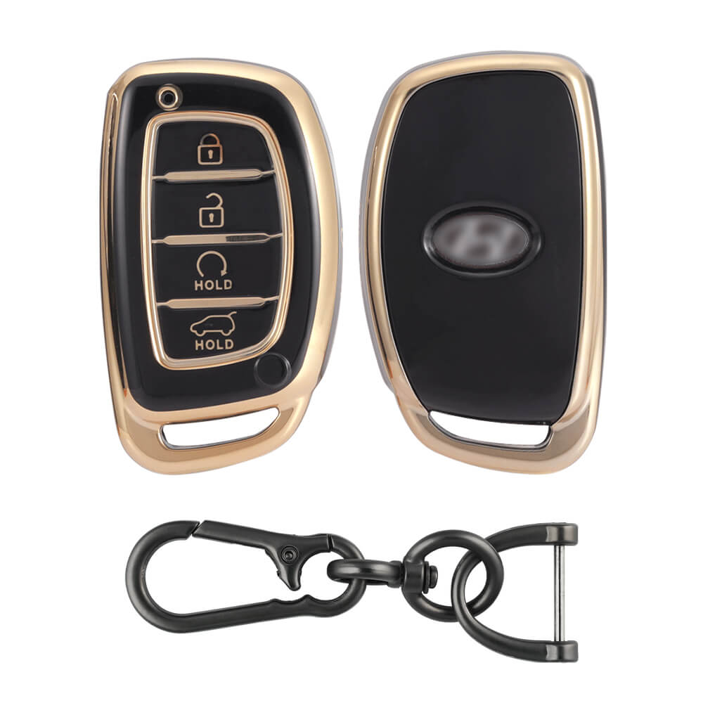 Keyzone TPU Key Cover and Keychain For Hyundai : Alcazar, Creta 2021 4 Button Smart Key (KZTP67_Zinc_Alloy)