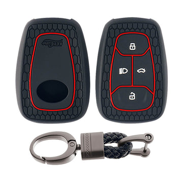 Keycare silicone key cover and keychain fit for : Tata Nexon, Altroz, Harrier, Tigor Bs6, Safari Gold, Punch, Tigor Ev, Safari 2021 4 button smart key (KC-08, Alloy keychain)