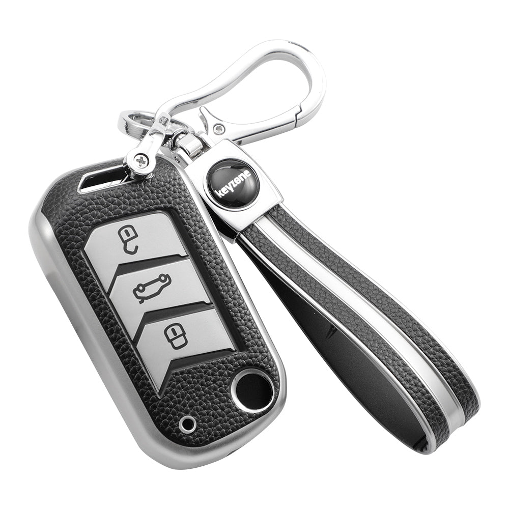 Keyzone Leather TPU Key Cover and keychain compatible for Thar, Scorpio, Bolero. XUV700, XUV400, XUV300, TUV300, Marazzo 3 button flip key (LTPU09_LTPUKeychain)